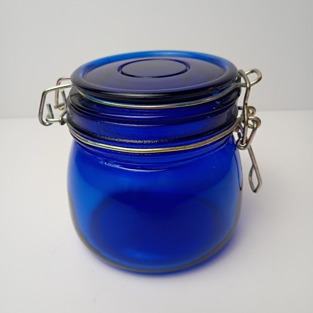 VTG Retro Cobalt Blue Canister Pressed Ribbed Glass - Metal Wire Bail Mason Jar